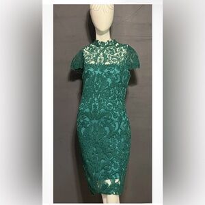 Tadashi Shoji Teal Green Floral Embroidered Lace Midi Sheath Dress